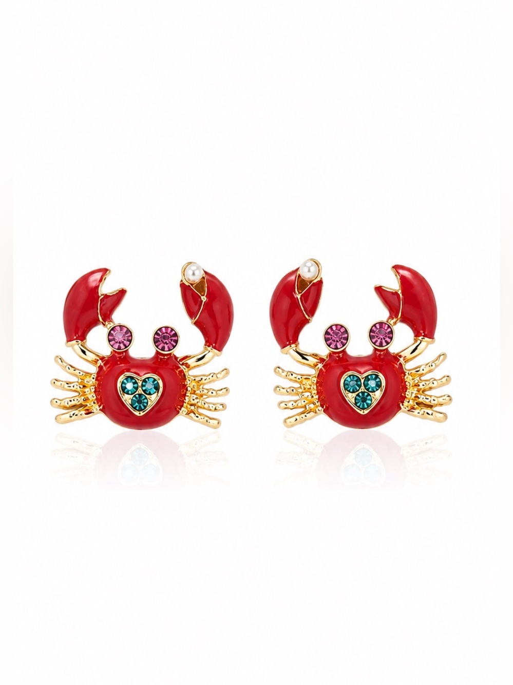 Red Crab Charm Earrings with Blue Heart Accent - Women Jewelry